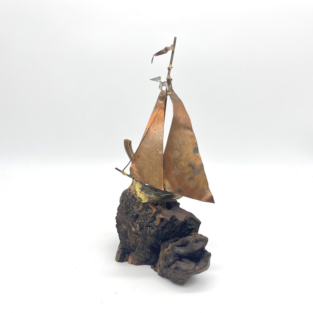 Vintage Brutalist Copper Sailboat Sculpture on Natural Driftwood Base Nautical
